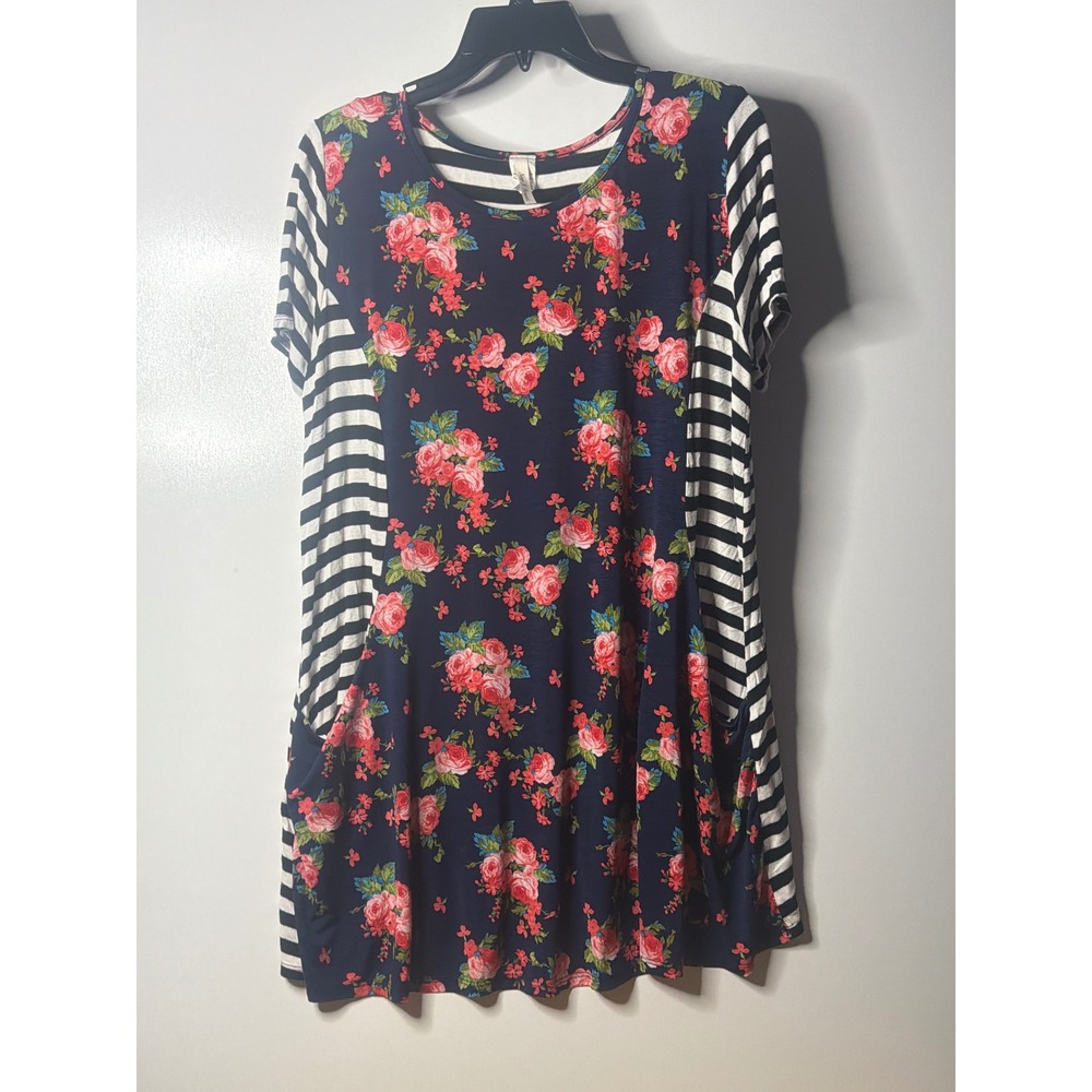 Now N Forever Floral Striped Tunic Top XL Navy Pink Mixed Print Short Sleeve